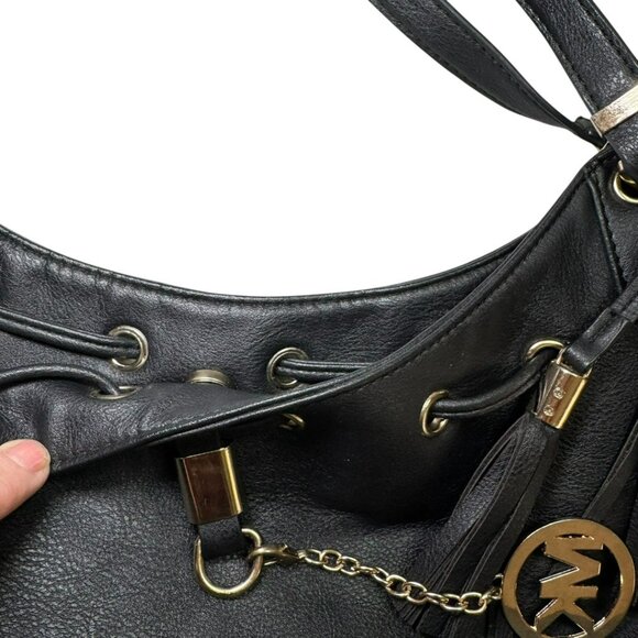 Michael Kors Large Black Leather Tote Bag with Tassels & MK Charm — Classic Hobo - Picture 6 of 9